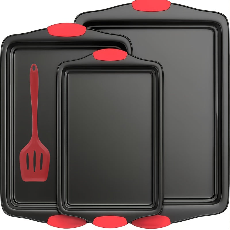 Carbon Steel Non-Stick Baking Pan Set Oven Safe Double-Sided Non-Stick Coating Red Silicone Handle – Commercial Grade Toaster Oven Pan Professional Kitchenware for Baking Roasting Gray