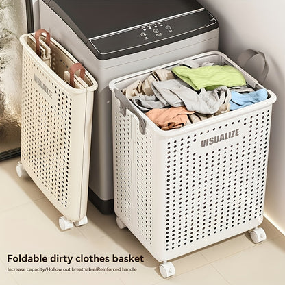 Laundry Basket with Wheels Extra Large Foldable - Breathable Rolling Laundry Hamper with Faux Leather Handles, Collapsible Space-Saving Clothes Storage Bin for Bathroom, Bedroom & Dorm, White Cream