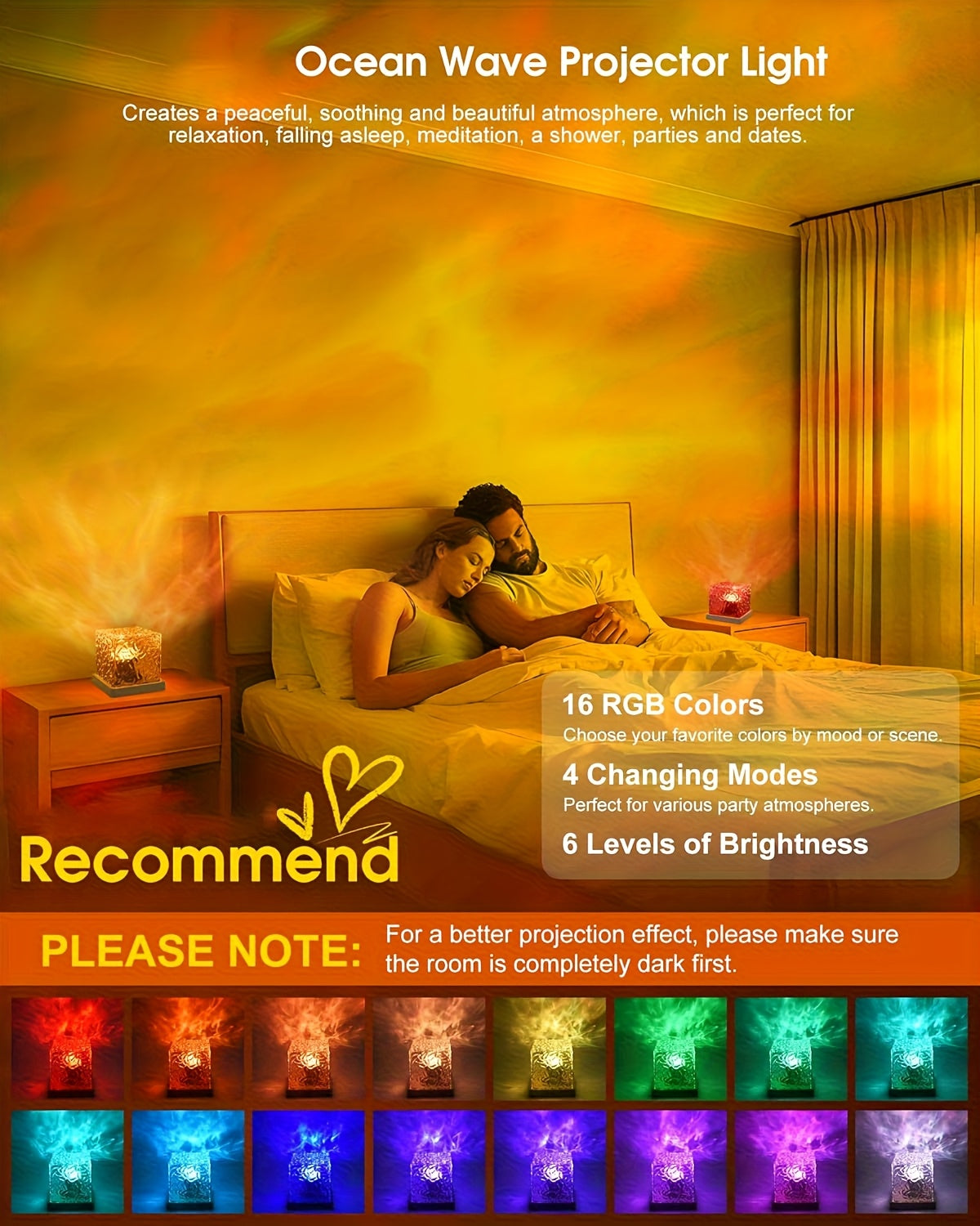 Ocean Wave Projector Light 16 Color – 3D Holographic Water Ripple LED Night Light with Remote Control & Touch Switch, USB Powered Romantic Atmosphere Lamp for Bedroom, Living Room, Meditation & Relaxation