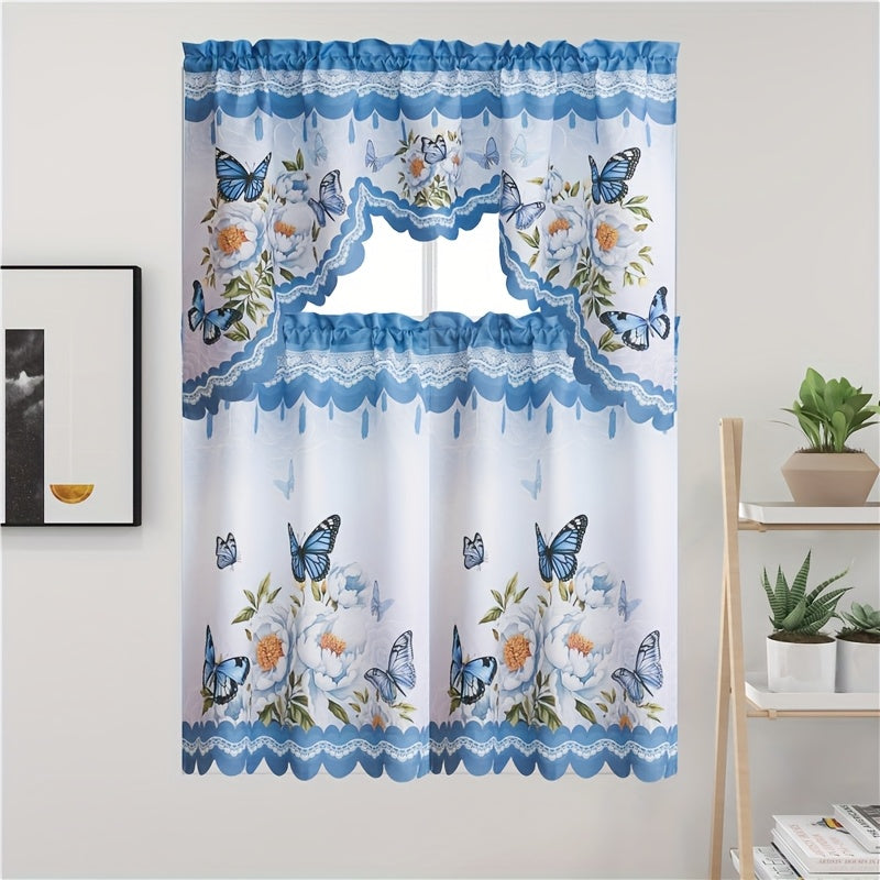 Butterfly Kitchen Curtains 3 Piece Set Floral Sheer Cafe Curtains for Kitchen, Bathroom, Living Room & Bedroom – Lightweight Polyester, 4 Colors, 58x36" + 36x29" Panels