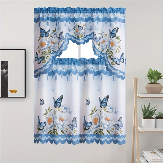 Butterfly Kitchen Curtains 3 Piece Set Floral Sheer Cafe Curtains for Kitchen, Bathroom, Living Room & Bedroom – Lightweight Polyester, 4 Colors, 58x36" + 36x29" Panels