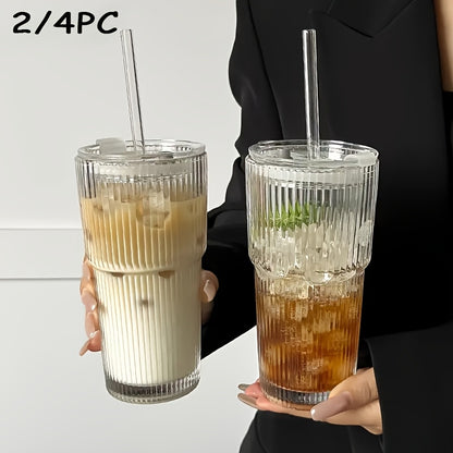 Vintage Striped Drinking Glasses with Glass Straws 19oz Borosilicate - Iced Coffee Cups Juice Glasses for Family Party - Thickened High Borosilicate Glass Tumbler Set of 2 or 4