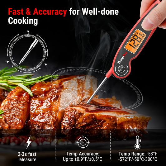Instant Read Meat Thermometer Digital Food Thermometer with Foldable Probe Motion Sensing Fast 2-3 Second Read – Kitchen BBQ Grill Smoker Oil Candy Thermometer with Magnet LCD Display Red