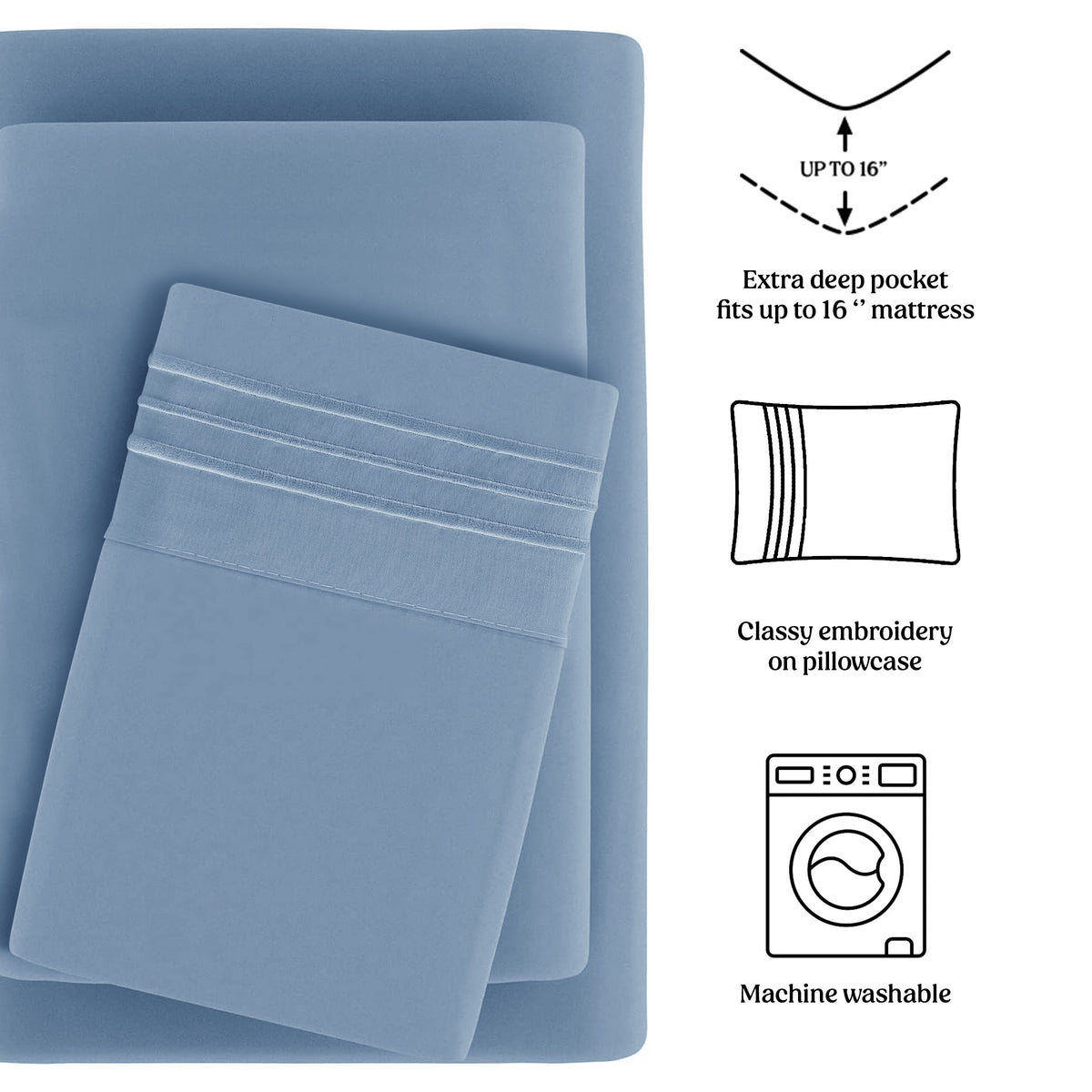 Soft Microfiber Bed Sheet Set 4-Piece 1800 Series 16 Inch Deep Pocket Hotel Luxury Cooling Sheets with Embroidered Pillowcases, Fade & Shrink Resistant, Twin to Cal King, 20 Colors