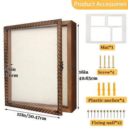 Shadow Box Frame with Linen Back 11x14 12x16, Large Rustic Memory Display Case with 4 Removable Shelves for Flowers Pictures Championship Rings Medals Coins Pins Collection Home Decor Wall Display