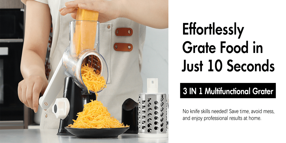 Suction Base Rotary Cheese Grater Hand Crank 3 Stainless Steel Blades BPA Free Touch-Free Shredder for Cheese Vegetables Nuts with Cleaning Brush Multi Color