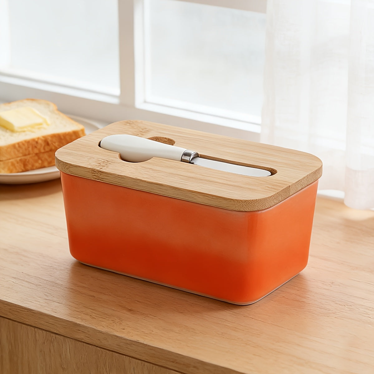 Ceramic Butter Dish with Lid and Knife - Large Capacity Countertop Butter Keeper Airtight Seal Easy Clean, 12 Colors Yellow Blue Grey Pink Black Orange, Kitchen Gift