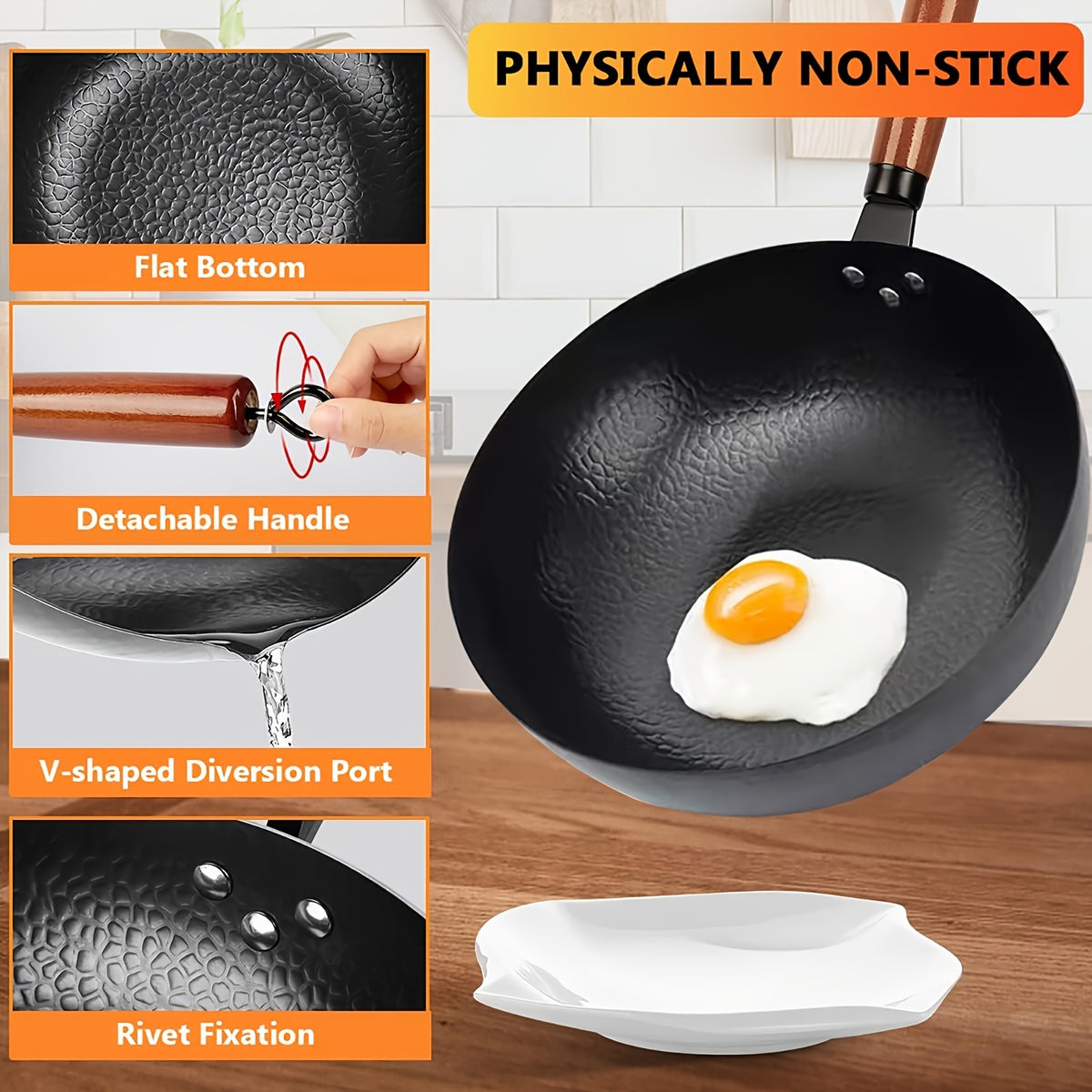 Carbon Steel Wok Set with Lid 12.6 Inch - 14-Piece Non-Stick Stir Fry Pan for All Stoves, Detachable Handle, Honeycomb Surface, Wok Spatula & Kitchen Utensils Included