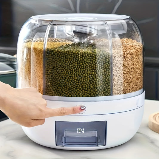 Rice Dispenser 19Lbs 360° Rotating Grain Storage Container with One-Click Output, Flip-Top Lid, Airtight Food Dispenser for Rice, Beans, Oats & Small Grains – Kitchen Pantry Organizer
