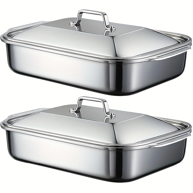 Stainless Steel Baking Pans with Lids – Extra Large Non-Stick Rectangular Oven Trays for BBQ Buffet Catering, Heavy Duty Roasting Pan Set with Grill Ridges & Handles, 2 4 6 8 Pcs