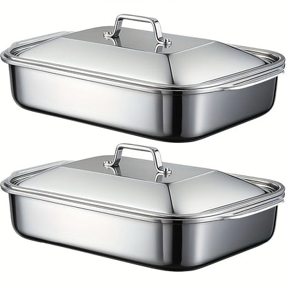 Stainless Steel Baking Pans with Lids – Extra Large Non-Stick Rectangular Oven Trays for BBQ Buffet Catering, Heavy Duty Roasting Pan Set with Grill Ridges & Handles, 2 4 6 8 Pcs