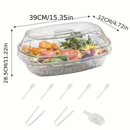Portable Fruit Serving Tray with Lid & 5 Compartments - Chilled Salad Bowl with 5 Forks & 2 Tongs, Detachable Party Platter for Entertainment, Bar Decor & Buffet Serving