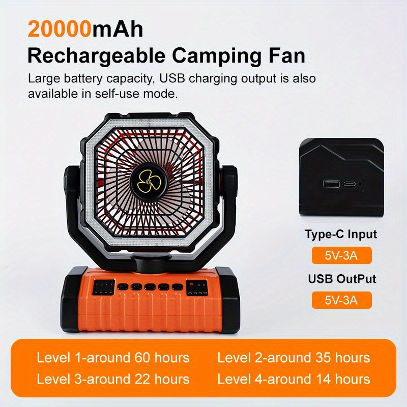 20000mAh Camping Fan with Built-In LED Light – USB Rechargeable Portable Outdoor Cooling Fan, Rugged Sturdy Handle for Tent Hiking Fishing, Compact Design, Green & Orange