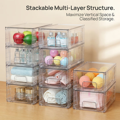 Clear Acrylic Stackable Storage Drawers with Handles – Refrigerator & Pantry Organizer Bins for Fridge, Kitchen Cabinet, Bathroom, Under Sink – 4, 6, 8, 10 Pack