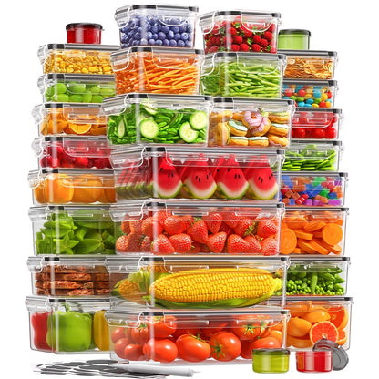60-Piece Food Storage Containers with Lids BPA-Free Leak-Proof Meal Prep Containers Set - Reusable Plastic Kitchen Storage Containers with Labels & Marker Pen - 30 Boxes + 30 Lids