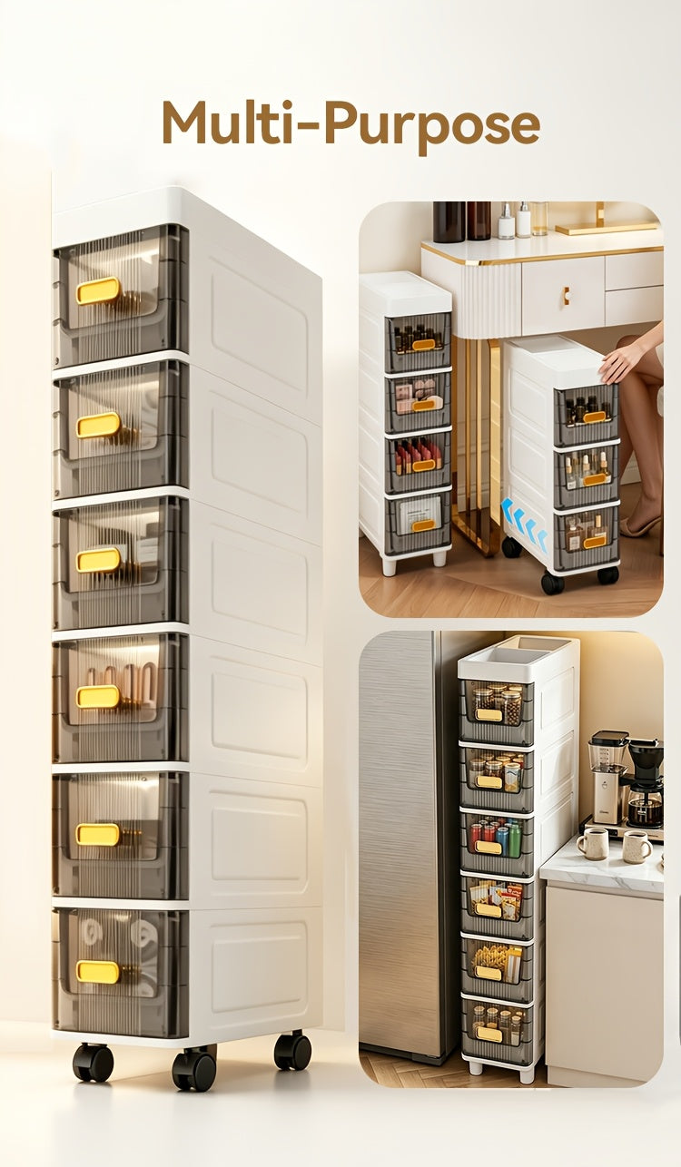 Slim Storage Cabinet with Drawers 3 4 5 6 Tier, Waterproof PP Plastic Drawer Organizer Unit for Bathroom Kitchen Bedroom, Narrow Rolling Storage Cart with Wheels for Small Spaces
