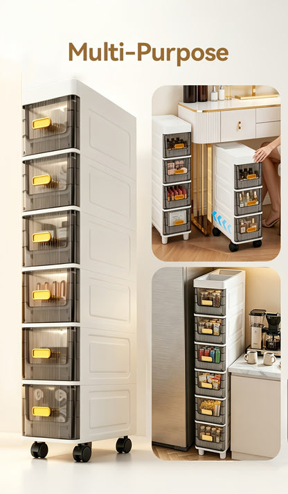 Slim Storage Cabinet with Drawers 3 4 5 6 Tier, Waterproof PP Plastic Drawer Organizer Unit for Bathroom Kitchen Bedroom, Narrow Rolling Storage Cart with Wheels for Small Spaces