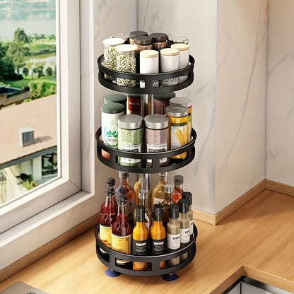 3-Layer Rotating Spice Rack Organizer – Metal Turntable Seasoning Storage for Kitchen Counter, Spice Jar Holder, Black & White