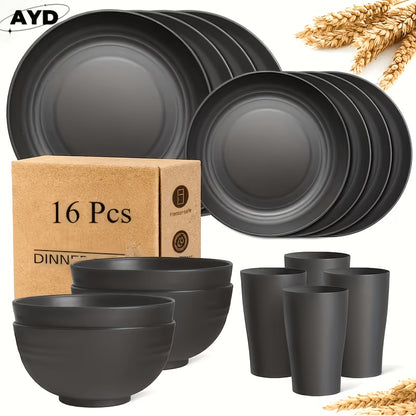 Wheat Straw Dinnerware Set Plates and Bowls 16 or 32 Piece – Microwave & Dishwasher Safe Unbreakable Dish Set for 4 or 8, Lightweight Party Tableware, 7 Colors