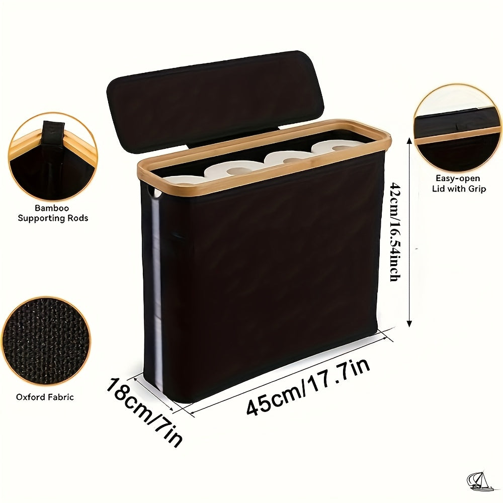 Bamboo Toilet Paper Holder with Lid Foldable, Bathroom Storage Box Organizer Holds 12 Rolls, Toilet Paper Storage Container for Bathroom Counter Cabinet, Black White Gray Mini, Random Color Available