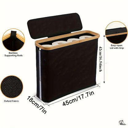 Bamboo Toilet Paper Holder with Lid Foldable, Bathroom Storage Box Organizer Holds 12 Rolls, Toilet Paper Storage Container for Bathroom Counter Cabinet, Black White Gray Mini, Random Color Available