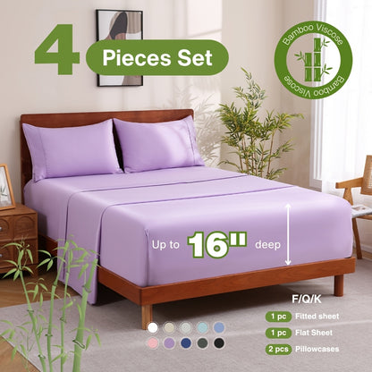 Bamboo Bed Sheet Set 4 Piece - 2000TC Cooling Sheets Deep Pocket 16 Inch, Luxury Soft Hotel Quality Fitted Sheet Flat Sheet Pillowcases, Wrinkle Shrink Resistant, Twin Full Queen King