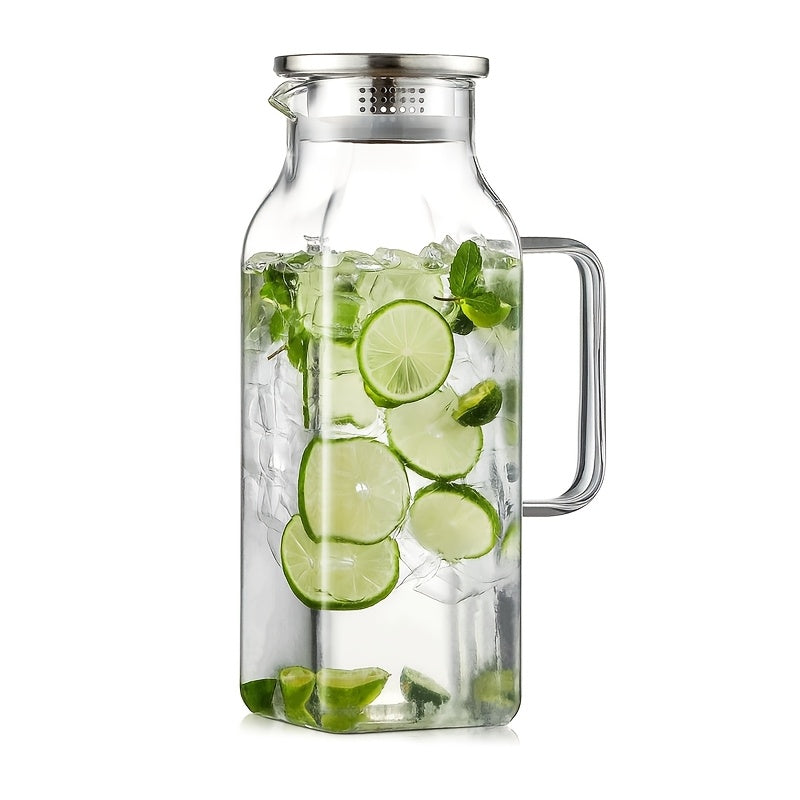 Glass Pitcher with Lid & Handle 68oz – Borosilicate Water Jug for Fridge, Iced Tea, Coffee Carafe & Cold Drinks, Heat Resistant, 304 Stainless Steel Lid, 1 or 2 Pack