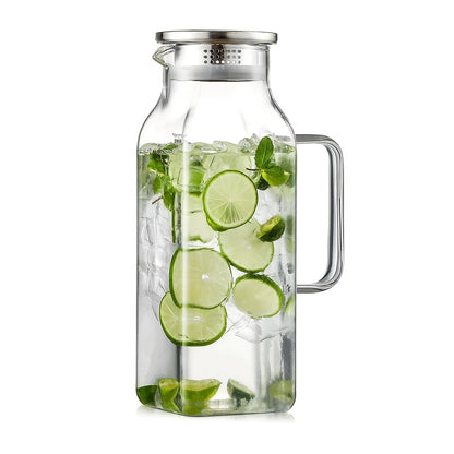 Glass Pitcher with Lid & Handle 68oz – Borosilicate Water Jug for Fridge, Iced Tea, Coffee Carafe & Cold Drinks, Heat Resistant, 304 Stainless Steel Lid, 1 or 2 Pack