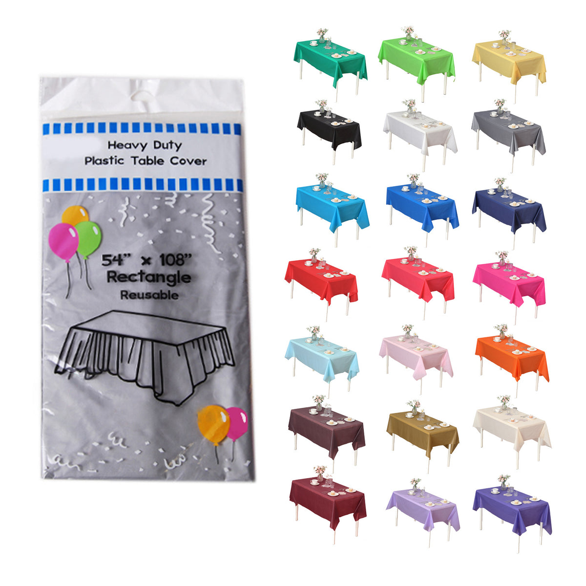 Disposable Plastic Tablecloth 12-Pack – Heavy Duty Table Cover for Parties, 84" Round & 54"x108" Rectangle, 22 Colors for Kitchen Dining Outdoor Events