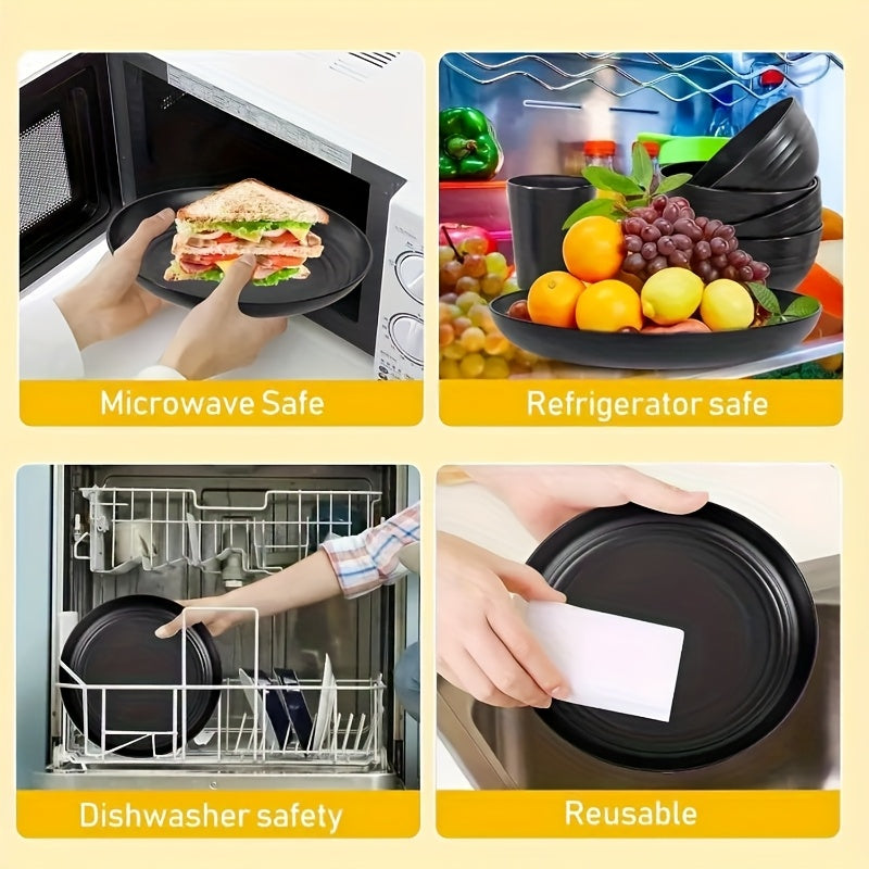 Wheat Straw Dinnerware Set Unbreakable – 16 or 32 Piece Lightweight Dish Set with Dinner Plates, Dessert Plates, Bowls & Cups, Dishwasher & Microwave Safe, Service for 4 or 8, Black or White