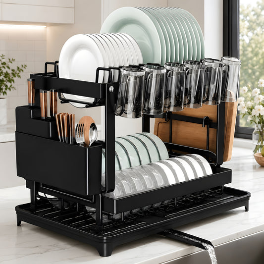 Metal Dish Drying Rack 2 Tier with Drainboard – Rust-Resistant Countertop Dish Drainer, Space-Saving Kitchen Organizer for Plates Cups Utensils, Available in Gray White Black