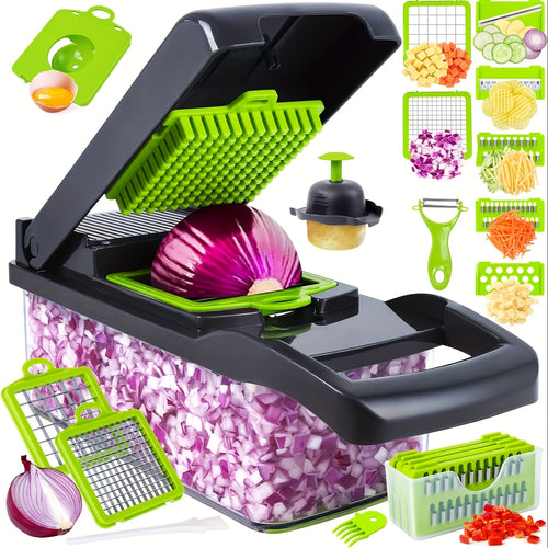 Vegetable Chopper 16-in-1 with 8 Blades & Container – Professional Onion Dicer & Multifunctional Food Slicer for Effortless Kitchen Prep, Dishwasher-Safe, Time-Saving Meal Prep Tool