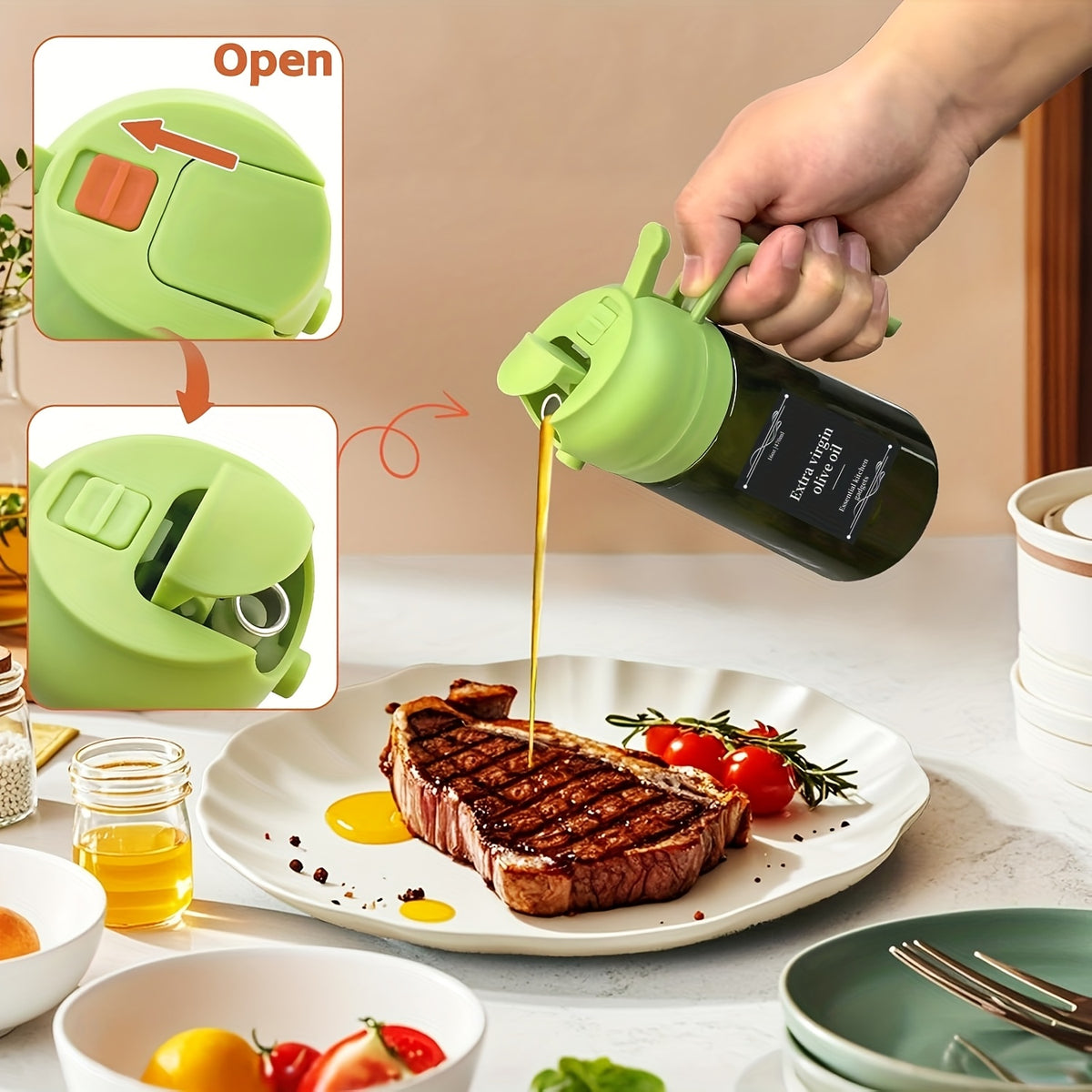 Glass Olive Oil Dispenser Bottle 2 Pack 16oz, 2-in-1 Oil Bottle and Cooking Oil Sprayer for Kitchen BBQ Salad, Premium Dark Green Black Glass Oil Dispenser with 6 Labels