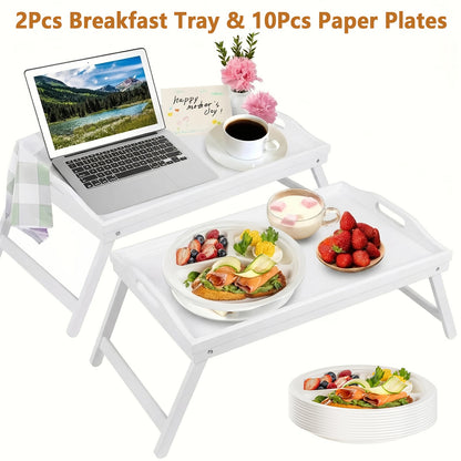 Bamboo Breakfast Tray with Folding Legs & Handles 2 Pack, Extra Wide Foldable Bed Tray Table for Eating Working Drawing, Portable Lap Desk for Sofa Bed Couch, Natural Bamboo with 10 Paper Plates