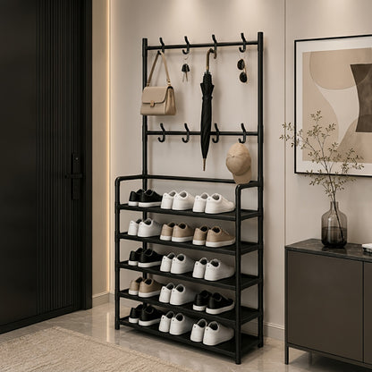Shoe Rack Organizer with 8 Hooks Multi-Layer - Free Standing Shoe Storage Shelf for Entryway, Closet & Bedroom, Space-Saving Vertical Shoe Tower with Hat & Coat Hooks, 3 or 5 Tier Black