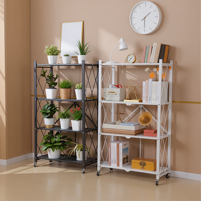Portable Storage Rack with Lockable Wheels, 3 or 4 Tier Foldable Shelving Unit, Carbon Steel Floor Standing Shelf for Bedroom Bathroom Balcony Garden, No Assembly Required, Space Saving Rolling Organizer