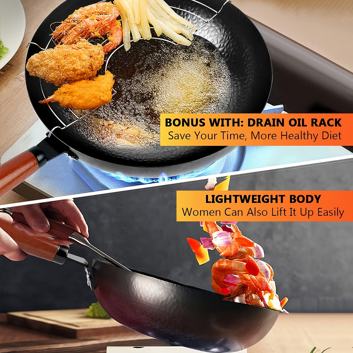 Carbon Steel Wok Set with Lid 12.6 Inch - 14-Piece Non-Stick Stir Fry Pan for All Stoves, Detachable Handle, Honeycomb Surface, Wok Spatula & Kitchen Utensils Included