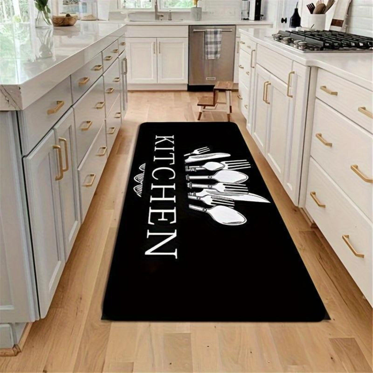 Alphabet Kitchen Mat Set 3 Piece – Knife & Fork Pattern Non-Slip Soft Washable Floor Rugs for Kitchen, Bedroom, Living Room, Dining Room & Bathroom, Decorative Home Accent Mats, Gift Idea