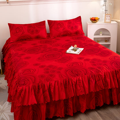 Bed Skirt Set 3-Piece with 2 Pillowcases, Double-Layered Hem Floral Peony & Plant Design, Dust-Proof Mattress Cover Bed Sheet, Machine Washable – Twin Full Queen, 5 Color Options