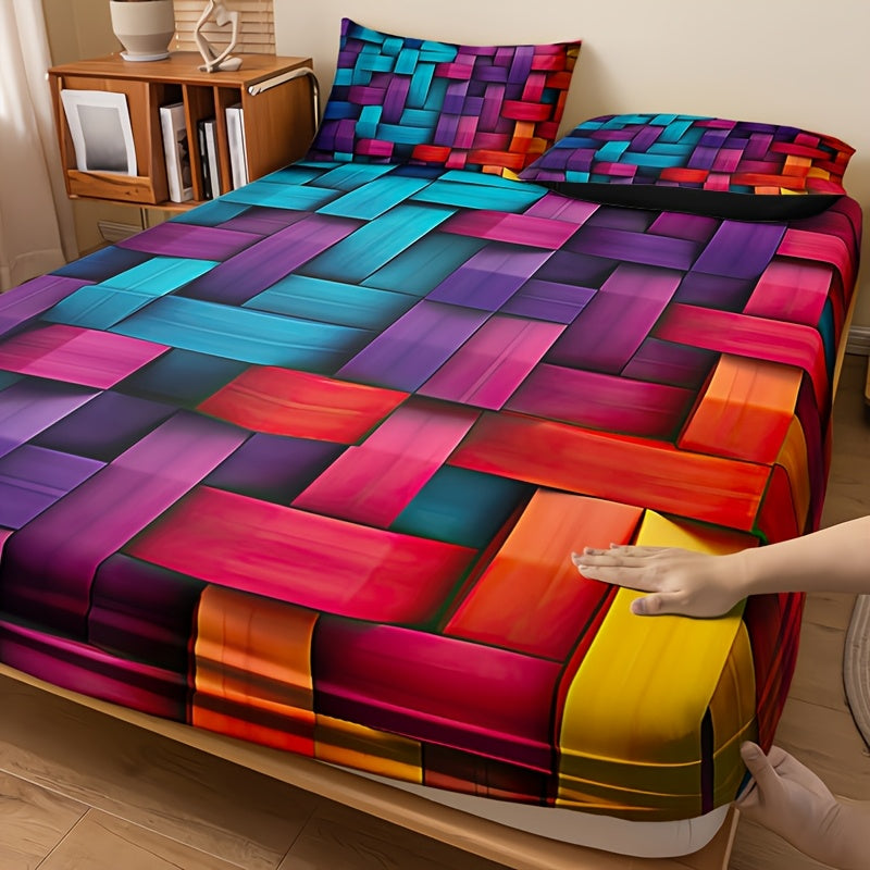 Digital Print Fitted Sheet Set 3 Piece Deep Pocket 15" – Plaid & Mechanical Pattern Bed Sheet with 2 Pillowcases, All Season Microfiber Bedding for Home & Dorm, Twin Full Queen King, 7 Colors