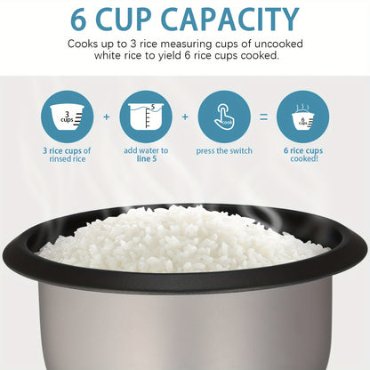 Rice Cooker 6-Cup Non-Stick Multicooker with Auto Keep Warm, One-Touch Operation Electric Grain Cooker with Removable Pot, Steamer Yogurt Maker Oatmeal Cooker, Stainless Steel Inner Liner, 1.5Qt Compact, Black
