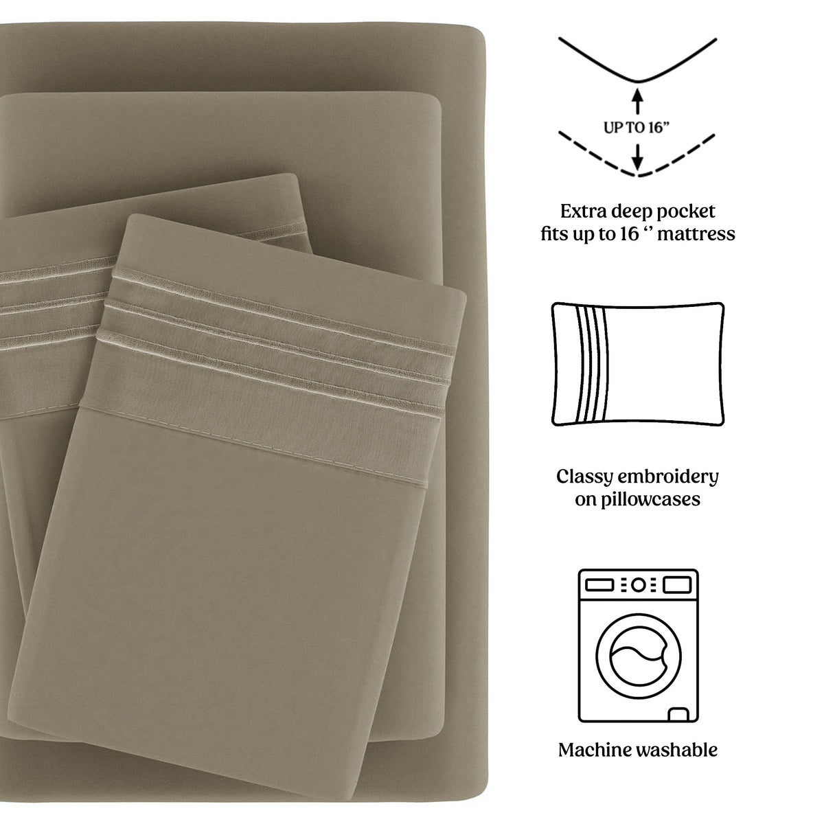 Soft Microfiber Bed Sheet Set 4-Piece 1800 Series 16 Inch Deep Pocket Hotel Luxury Cooling Sheets with Embroidered Pillowcases, Fade & Shrink Resistant, Twin to Cal King, 20 Colors