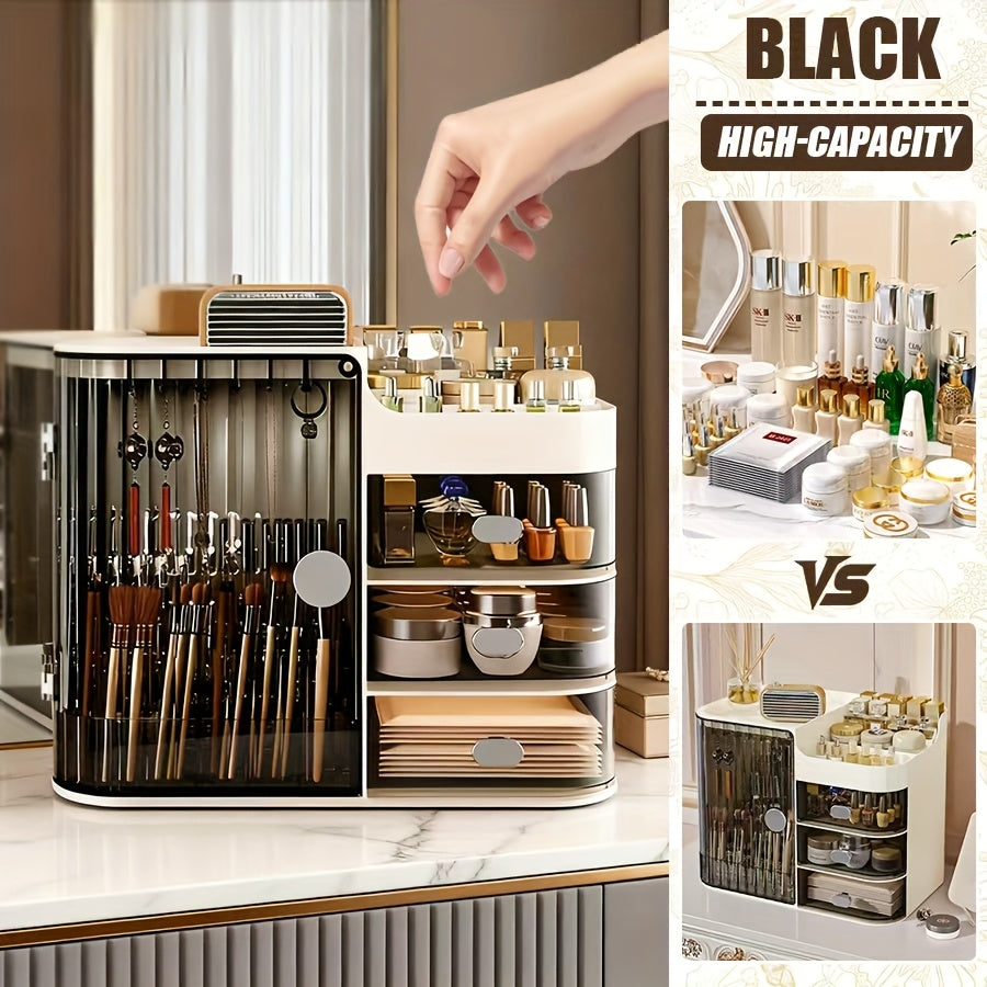 Makeup Storage Box with 3 Drawers & Mirror, High-Capacity Cosmetic Organizer Cabinet for Bathroom Vanity, Contact Lens Display Case Skincare Storage Box for Home Bathroom, Beige