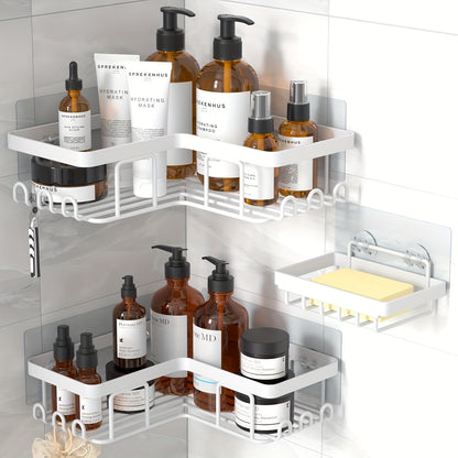 Corner Adhesive Shower Caddy 3 Pack – No Drill Wall Mounted Shower Organizer with Soap Holder & 12 Hooks, Rustproof Stainless Steel Bathroom Shelf, 8 Colors