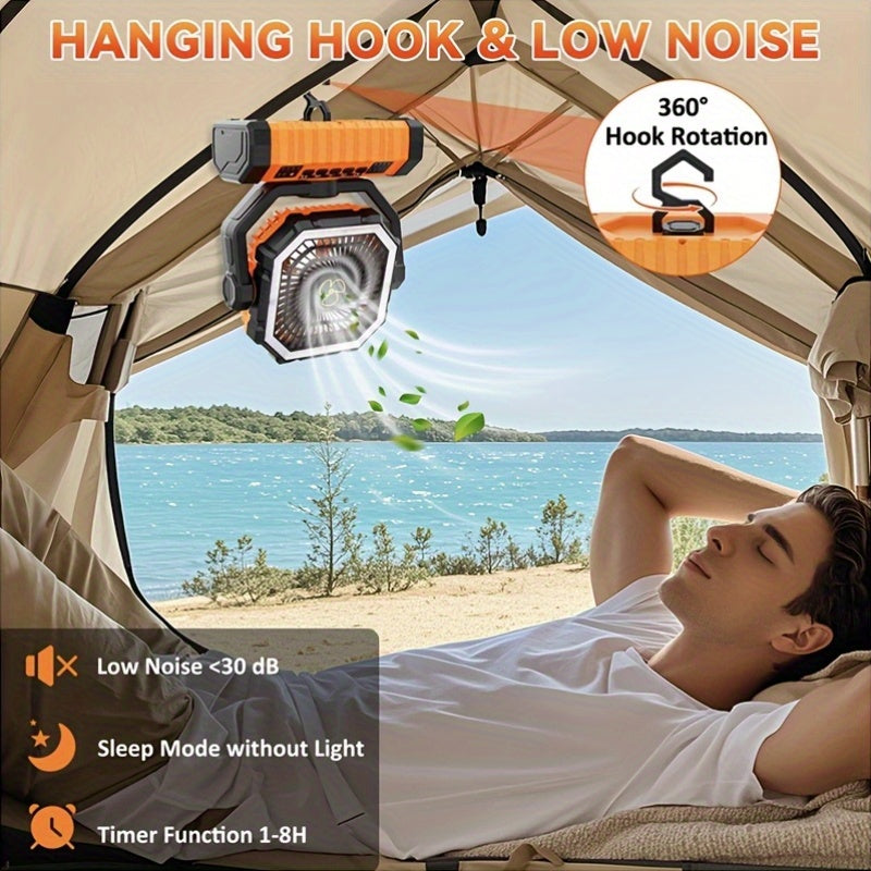 20000mAh Camping Fan with Built-In LED Light – USB Rechargeable Portable Outdoor Cooling Fan, Rugged Sturdy Handle for Tent Hiking Fishing, Compact Design, Green & Orange