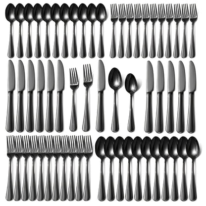 Black Silverware Set 60 Piece Stainless Steel Flatware Set Service for 12 Mirror Polished Cutlery Set Dishwasher Safe Tableware Utensils Knives Forks Spoons for Home Kitchen Restaurant Wedding