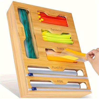 Bamboo Kitchen Drawer Organizer – Zip Bag, Foil & Plastic Wrap Dispenser with Built-In Cutter, Fits Gallon Quart Sandwich Snack Bags, Eco-Friendly Storage