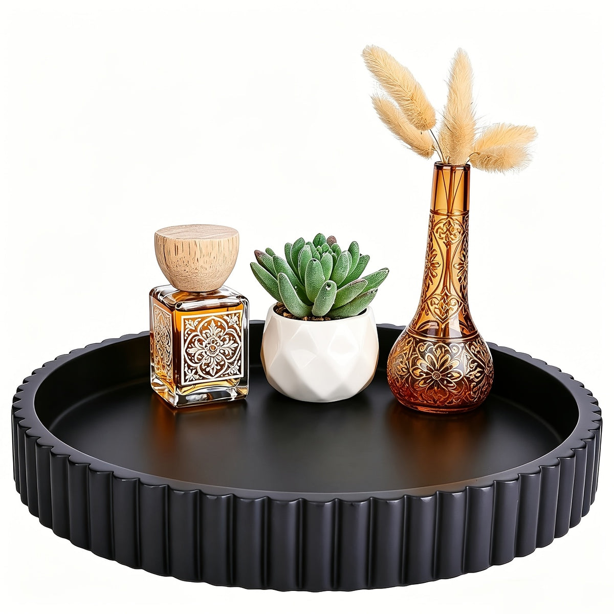 Decorative Wood Tray for Coffee Table & Living Room – 11" Round Fluted Serving Tray, Ottoman Centerpiece, Jewelry Organizer, Home Decor Gift