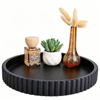 Decorative Wood Tray for Coffee Table & Living Room – 11" Round Fluted Serving Tray, Ottoman Centerpiece, Jewelry Organizer, Home Decor Gift