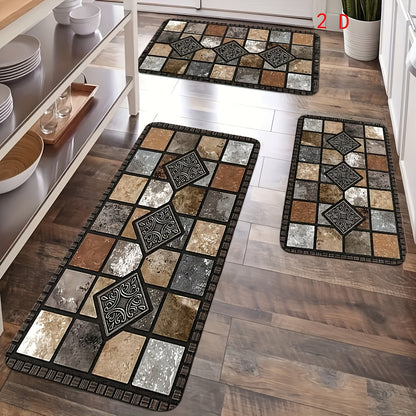 Kitchen Mat Set 3 Piece Farmhouse Geometric Anti-Fatigue Cushioned Rug for Kitchen Floor, Soft Non-Slip Mats for Bedroom, Living Room, Dining Room & Bathroom – Retro Rural Style Home Decor
